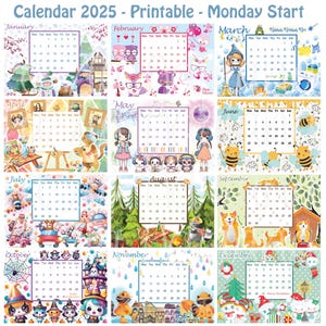 Calendario 2025 - Stampabile - Inizio Lunedì - Cute Cartoon Immagini - Estate Primavera Autunno Inverno - Festività