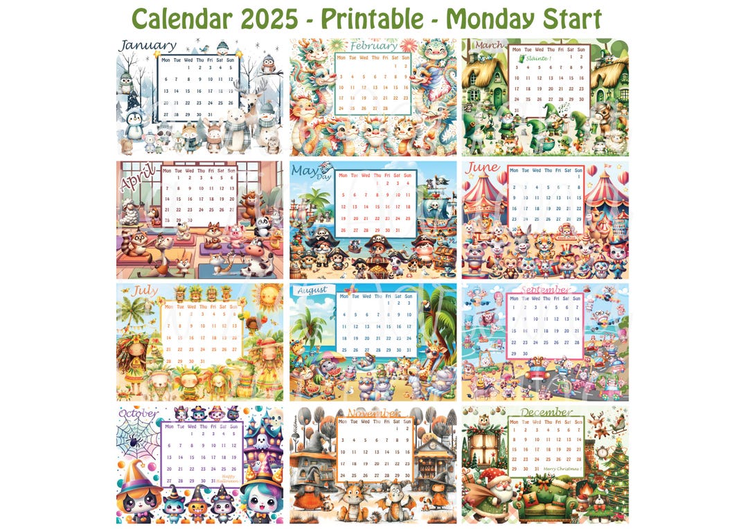 Calendar 2025 - Printable - Monday Start - Cute Funny Cartoon Images ...