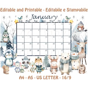 Calendario Gennaio 2025 - Stampabile ed Editabile - Cute Cartoon Animali del Bosco Inverno - Italiano e Inglese - Calendario Gennaio 25