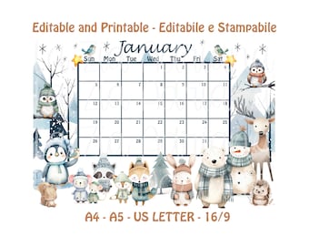 Calendar January 2025 - Editable and Printable - Cute Cartoon Woodland Winter Animal - English and Italian - January 25 Calendar.