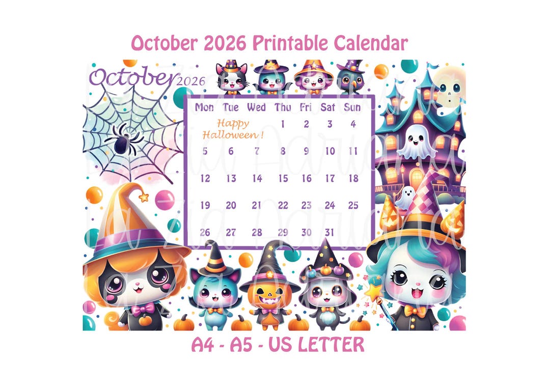 Calendar October 2026 - Printable - Cute Cartoon Kawaii Halloween