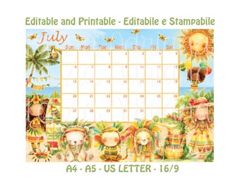 Calendar July 2025 - Editable and Printable - Cute Cartoon Hawaiian Summer - English and Italian July 2025 Calendar