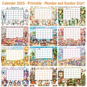 Calendario 2025 - Stampabile - Inizio Lunedì e Domenica - Cute Cartoon Immagini - Estate Primavera Autunno Inverno - Festività