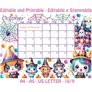 Calendar October 2025 - Editable and Printable - Cute Cartoon Kawaii Halloween Pumpkins - English and Italian October 25 Calendar.