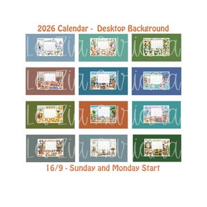 Può includere: Uno sfondo digitale per desktop con un calendario 2026 e varie illustrazioni colorate. L'immagine include il testo "2026 Calendar - Desktop Background" e "16/9 - Sunday and Monday Start". I calendari sono su sfondi colorati.