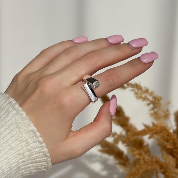 925 Sterling Silver Plated Ring | Adjustable Geometric Squared Ring | Chunky Silver Ring | Thick Ring | Index Finger Ring | Ring Finger Ring