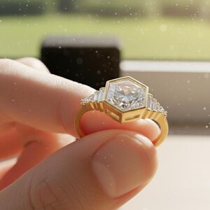 Vintage Moissanite Cluster Ring: Baguette & Hexagon Cut, 10K Gold Bezel Set