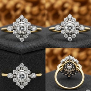 Two Tone Cluster Engagement Ring, Halo Wedding Ring, Milgrain Ring, Round Cut Bezel Set Moissanite Ring, Edwardian Ring-For Her, 10K Gold