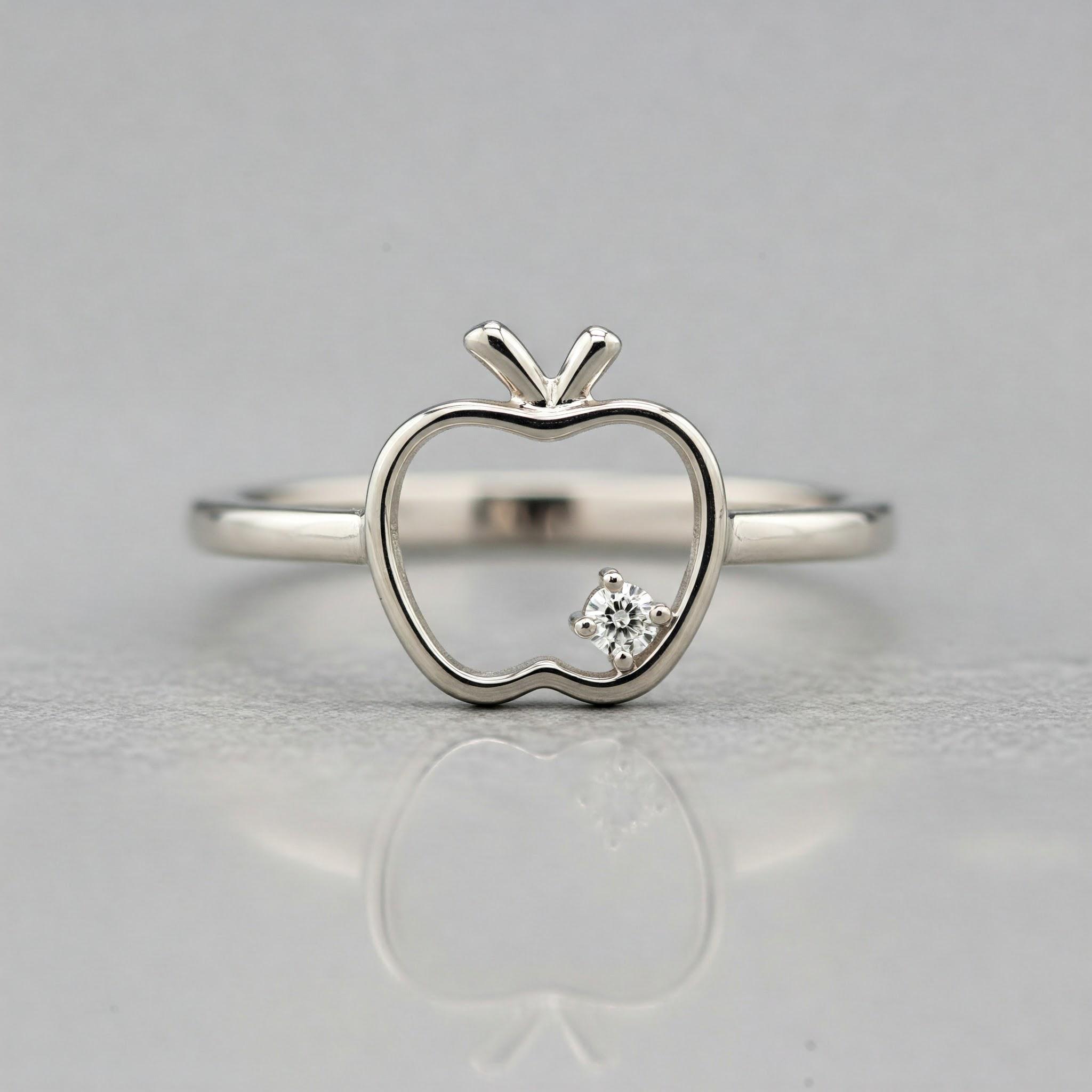 Open Circle Apple Shape Ring, Dainty Fruit Inspired Ring, Round Cut Moissanite Ring, Prong Set Ring, Solitaire Ring,925 Silver, Gift For Her