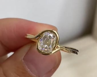 Swirl Bypass Engagement Ring, Solitaire Wedding Ring, Bezel Set Ring, Cushion Cut Moissanite Ring, Propose Ring, 10KGold,Minimalist Ring