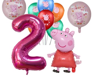 May include: Pink number 2 balloon, pink Peppa Pig balloon, and several other balloons with Peppa Pig characters. The balloons are all inflated and ready for a party.