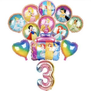 May include: A set of 11 princess-themed balloons for a birthday party. The balloons feature various Disney princesses, including Cinderella, Snow White, Ariel, and Rapunzel. There is also a heart-shaped balloon, a balloon shaped like a gift box with the text "Happy Birthday", and a large number 3 balloon. The balloons are all in shades of pink, purple, and blue.