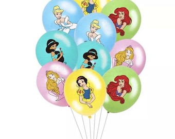 May include: A set of ten colorful balloons featuring different Disney princesses. Each balloon has a different princess on it, including Snow White, Cinderella, Ariel, Jasmine, and Belle. The balloons are perfect for a princess-themed party.