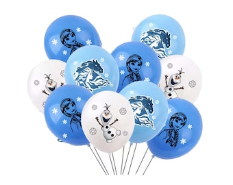 May include: A set of blue and white balloons with Frozen characters printed on them. The balloons feature Elsa, Anna, Olaf, and Sven.