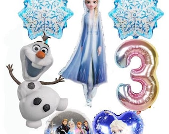 May include: A collection of Frozen-themed balloons. Includes a large Olaf balloon, a foil balloon shaped like the number 3, snowflake-shaped balloons, and character balloons featuring Elsa and other characters.