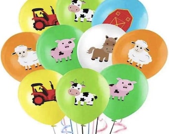 May include: A set of 10 farm animal themed latex balloons. The balloons feature a variety of farm animals, including cows, pigs, horses, sheep, and a tractor. The balloons are in various colors, including green, orange, yellow, white, and blue.