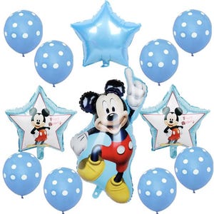 May include: A set of blue and white polka dot balloons, two star-shaped balloons with Mickey Mouse and the words "Happy Birthday", and a large Mickey Mouse balloon.