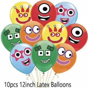 May include: A set of 10 colourful latex balloons with different cartoon faces. Each balloon is 12 inches in diameter. The balloons feature various expressions, including smiling, winking, and surprised.