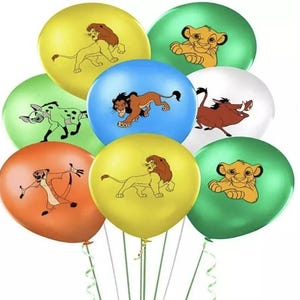May include: A selection of vibrant balloons showcasing characters from The Lion King. The balloons are in shades of yellow, green, orange, blue, and white. Each balloon is decorated with a different character, including Simba, Scar, Timon, and Pumbaa.