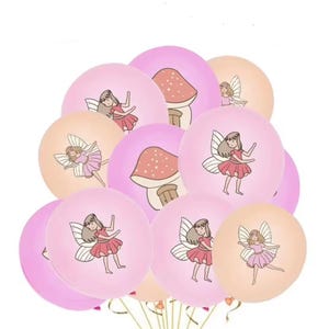 May include: A cluster of pink and peach balloons, each adorned with a fairy illustration in a red dress and white wings. Some balloons feature a mushroom design. Ideal for a fairy-themed celebration.