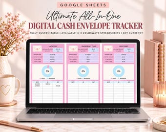May include: A laptop screen displaying a Google Sheets digital cash envelope tracker with three columns for Vacation, Emergency Fund, and Groceries. The interface features pink and white sections, blue progress charts, and transaction tables.