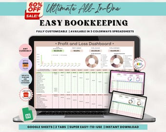 May include: A laptop screen displaying a Google Sheets spreadsheet with a profit and loss dashboard. The spreadsheet is customisable and available in three colourways. The text on the screen reads "Profit and Loss Dashboard" and includes the following information: Total Business Profit, Profit Margin, Total Income, and Total Expenses. The spreadsheet is designed for easy bookkeeping and includes multiple tabs and categories. The image also includes a 60% off sale banner.