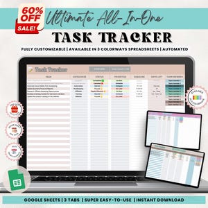 Könnte beinhalten: Eine digitale Aufgaben-Tracker-Tabellenvorlage, die auf dem Bildschirm eines Laptops angezeigt wird. Die Tabelle ist in Spalten für Aufgabe, Kategorie, Status, Priorität, Frist, verbleibende Tage und Teammitglied unterteilt. Die Tabelle ist anpassbar und in drei Farbvarianten verfügbar. Der Text "60% OFF SALE! Ultimate All-In-One TASK TRACKER" wird oben im Bild angezeigt. Der Text "GOOGLE SHEETS | 3 TABS | SUPER EASY-TO-USE | INSTANT DOWNLOAD" wird unten im Bild angezeigt.