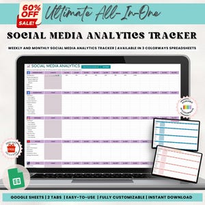 Social Media Analytics Tracker | Google Sheets Month Weekly Post Performance Audit Facebook Instagram Marketing Planner Template Spreadsheet