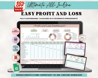 May include: A laptop screen displaying a Google Sheets spreadsheet with a profit and loss dashboard. The spreadsheet is customisable and available in three colourways. The spreadsheet includes a total business profit of £26,383.00, a profit margin of 1.09%, a total income of £51,037.00, and total expenses of -£34,454.00. The spreadsheet also includes a 365-day fear chart and a section to add up to 30 income and 30 expense categories. The spreadsheet is available for instant download.