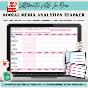 Social Media Analytics Tracker, Google Sheets 12 Month Post Performance Audit, Facebook And Instagram Marketing Planner Template Spreadsheet