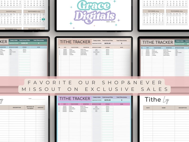 以下が含まれることがあります： 薄い青、ピンク、ベージュのカラーパレットで印刷可能な什一献金トラッカーのセット。トラッカーには、日付、支払い方法、説明、金額、什一献金の合計金額のセクションが含まれています。各トラッカーの上部には「TITHE TRACKER」というテキストがあります。