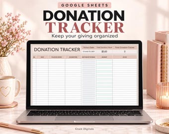 Puede incluir: Una pantalla de portátil que muestra una plantilla de seguimiento de donaciones de Google Sheets con columnas para fecha, lugar, descripción, método de pago, importe y notas. El texto dice Donation Tracker, Keep your giving organized.
