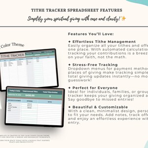 以下が含まれることがあります： 献金と捧げ物を追跡するためのデジタルスプレッドシートテンプレート。スプレッドシートは、青と緑のアクセントを施した落ち着いたカラーテーマを採用しています。スプレッドシートには、日付、支払い方法、捧げ物、メモ、今日の合計、年間献金の合計、献金の合計エントリなどのセクションが含まれています。スプレッドシートの上部には「Tithe Tracker」というテキストが表示されています。