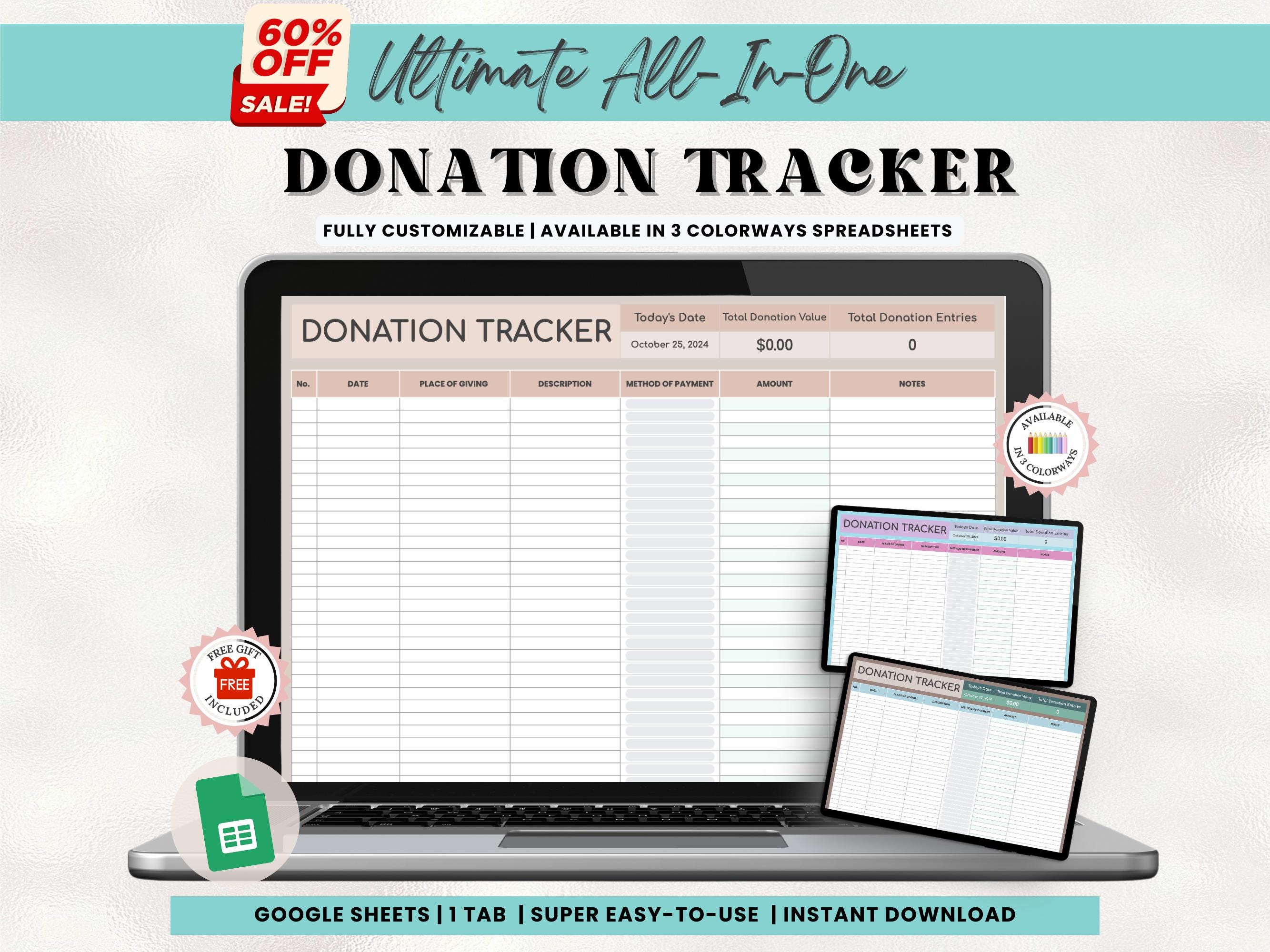 Donation Tracker Spreadsheet | Donation Template Google Sheets, Donation List, Donation Log, Donations Tracking Template Sheet Donation Goal