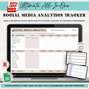 Social Media Analytics Tracker, Google Spreadsheets 12 maanden na prestatie-audit, Facebook en Instagram Marketing Planner Template Spreadsheet