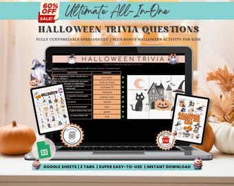 Trivia Questions for Halloween Spreadsheet | Halloween Printable Bingo Cards Halloween Activities for Kids | Editable Google Sheets Template