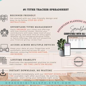 以下が含まれることがあります： 献金と捧げ物を追跡するためのスプレッドシートのデジタルダウンロード。スプレッドシートはすべてのデバイスと互換性があり、インスタントダウンロードリンクが含まれています。画像は、機能の番号付きリストとスプレッドシートのスクリーンショットを含むカラフルなデザインを特徴としています。
