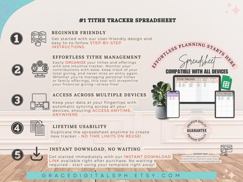 以下が含まれることがあります： 献金と捧げ物を追跡するためのスプレッドシートのデジタルダウンロード。スプレッドシートはすべてのデバイスと互換性があり、インスタントダウンロードリンクが含まれています。画像は、機能の番号付きリストとスプレッドシートのスクリーンショットを含むカラフルなデザインを特徴としています。