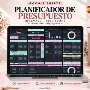 Puede incluir: Una pantalla de portátil que muestra un planificador de presupuesto en Google Sheets en español con interfaz en modo oscuro. La hoja de cálculo incluye tablas financieras, gráficos y campos de datos para registrar ingresos, gastos y deudas.
