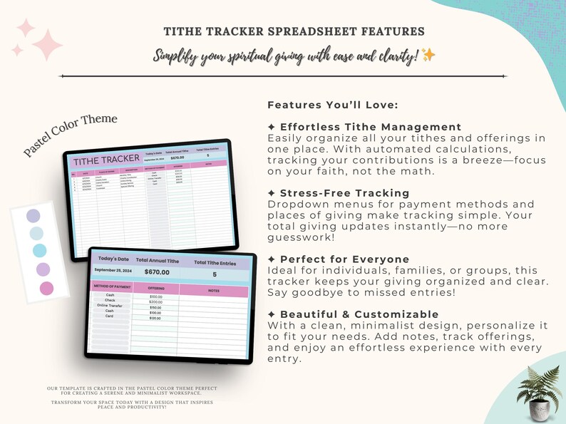 以下が含まれることがあります： 献金と捧げ物を追跡するための、パステルカラーのテーマを持つデジタルスプレッドシートテンプレート。スプレッドシートには、日付、支払い方法、捧げ物、メモの列が含まれています。テンプレートには、自動計算、ドロップダウンメニュー、カスタマイズ可能なオプションが含まれています。スプレッドシートの上部には「TITHE TRACKER」というテキストが表示されています。