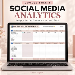 May include: A laptop screen displaying a Google Sheets social media analytics template. The spreadsheet includes sections for Facebook group and page metrics, Instagram data, and monthly growth tracking columns from January to May 2025.