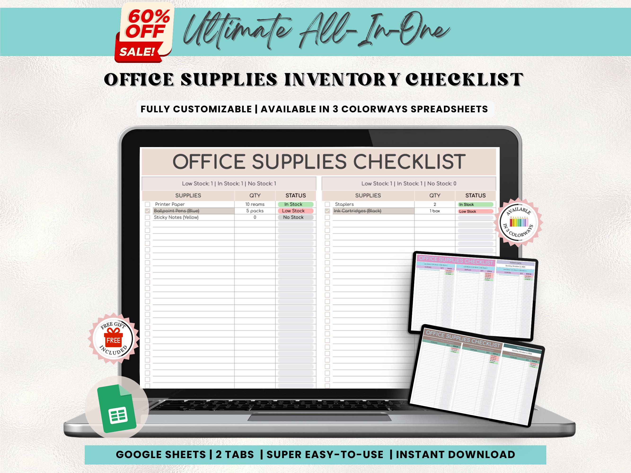 Office Supplies Inventory Checklist: Google Sheets Template (digital ...