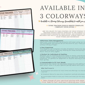 以下が含まれることがあります： 献金と捧げ物を追跡するためのGoogleスプレッドシートテンプレートのデジタルダウンロード。テンプレートは、ピンク、ブルー、グリーンの3色展開です。画像のテキストは「Tithe Tracker Google Sheets Template - Simplify Your Giving」です。
