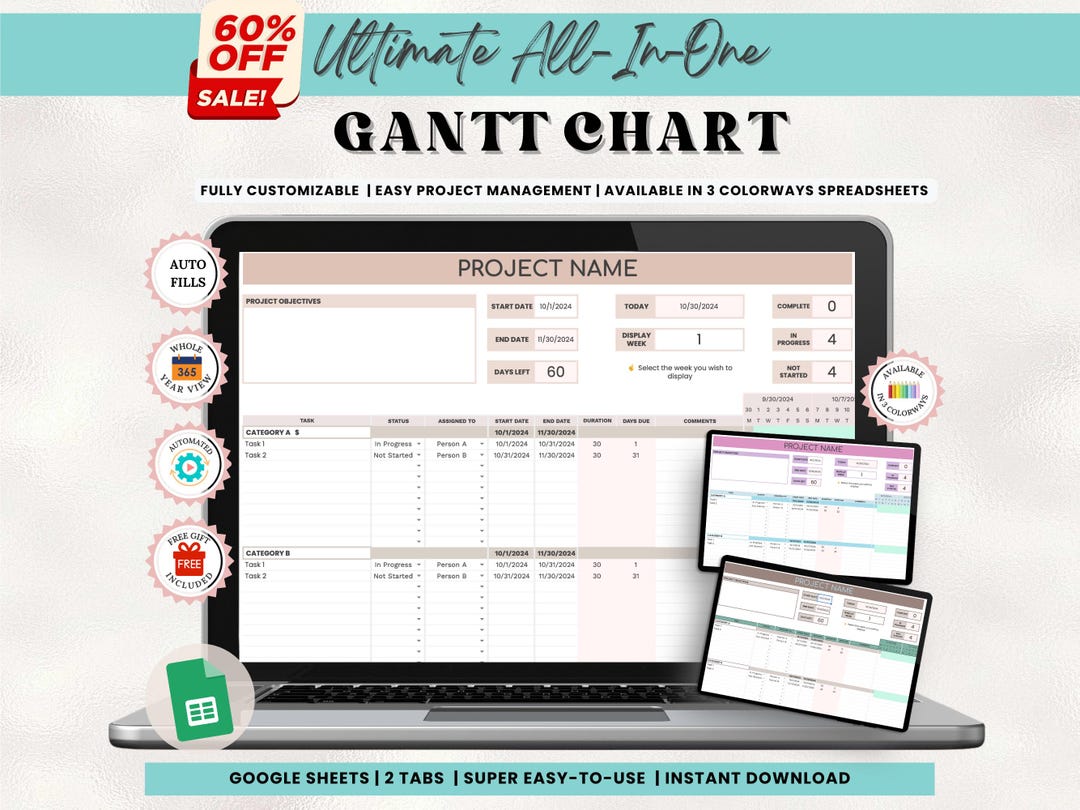 Gantt Chart Spreadsheet: Project Planner & Task Tracker (google Sheets ...