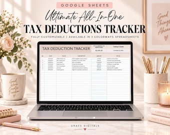May include: A laptop screen displaying a Google Sheets tax deduction tracker with columns for date, place, description, amount, and notes. The text reads Ultimate All-In-One TAX DEDUCTIONS TRACKER, Fully Customizable, Available in 3 Colorways Spreadsheets.
