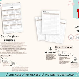 以下が含まれることがあります： ベージュとブラウンのカラーテーマで、2025年の「年間スケジュール」印刷可能なカレンダーテンプレート。カレンダーはタブレットに表示されています。画像には、「Tithe Log」というテキストが黒で表示された、印刷可能な什一税ログも含まれています。画像には、テンプレートのダウンロード、カスタマイズ、印刷方法に関する手順も含まれています。「Editable, Printable, Instant Download」というテキストは緑色で表示されています。