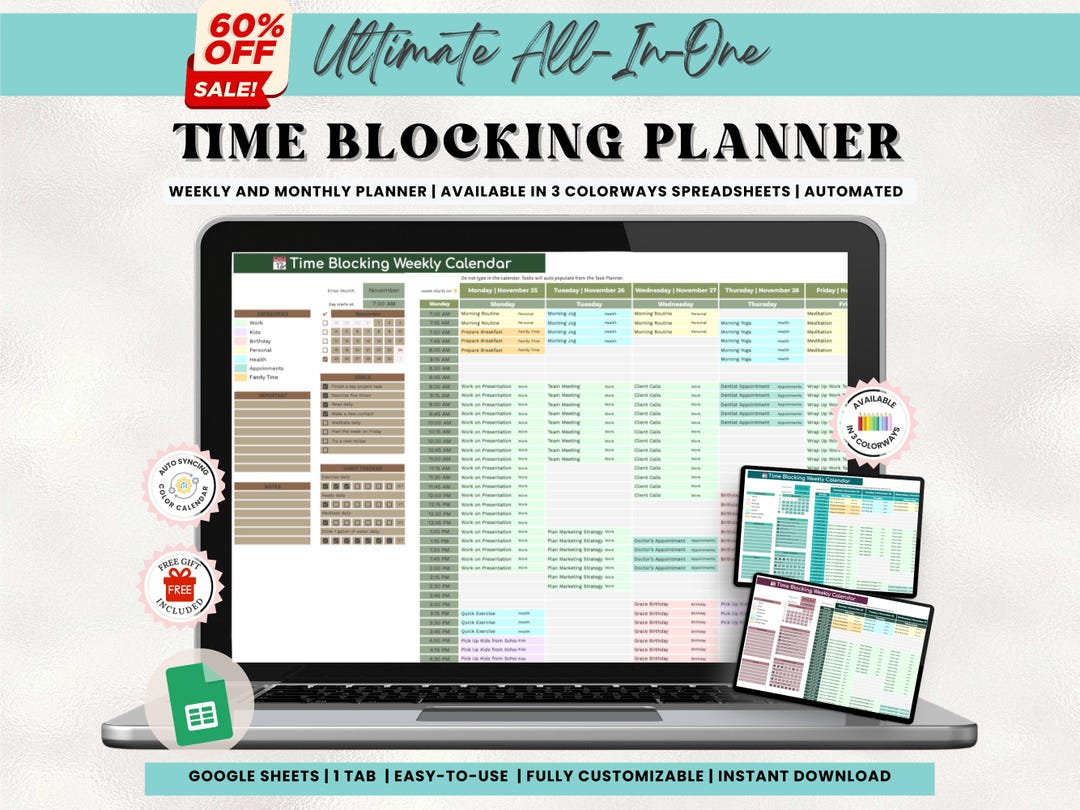 Weekly Time Blocking Planner Spreadsheet | 24 Hour Weekly Schedule ...