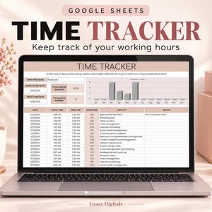 以下が含まれることがあります： Googleスプレッドシートのタイムトラッカーテンプレートが表示されたノートパソコンの画面。日付、開始時間、終了時間、期間、アクティビティ、メモの列があります。インターフェースには、労働時間の棒グラフと従業員名や日付範囲を入力するフィールドが含まれています。