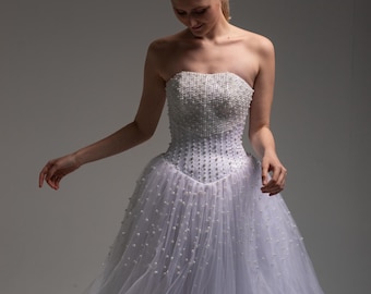Fairy Tale Wedding Dress with Pearls, Strapless Corset Bridal Gown