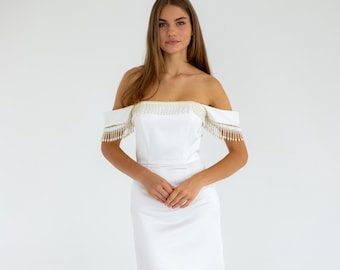 Off Shoulder Satin Wedding Dress : Beaded Fringe - Modern Civil Look Bridal Gown